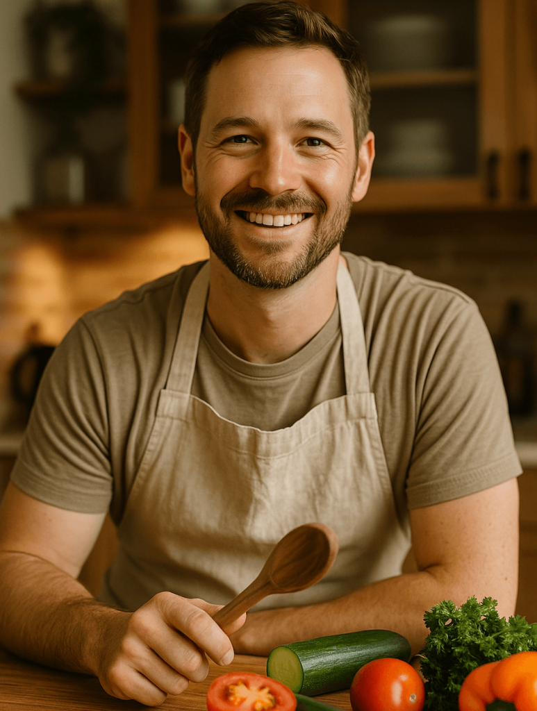 About Me 1 Smiling cook with fresh vegetables – healthy homemade recipes